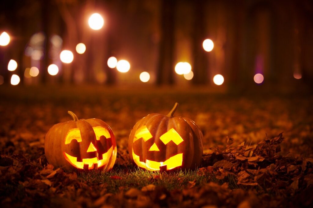 Two jack-o'-lanterns are in dark forest with orange lights.