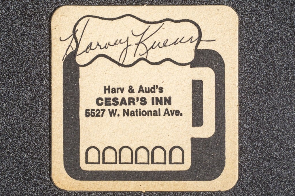 An original coaster from Caesar’s Inn, signed by Milwaukee baseball legend Harvey Kuenn. (Private collection)