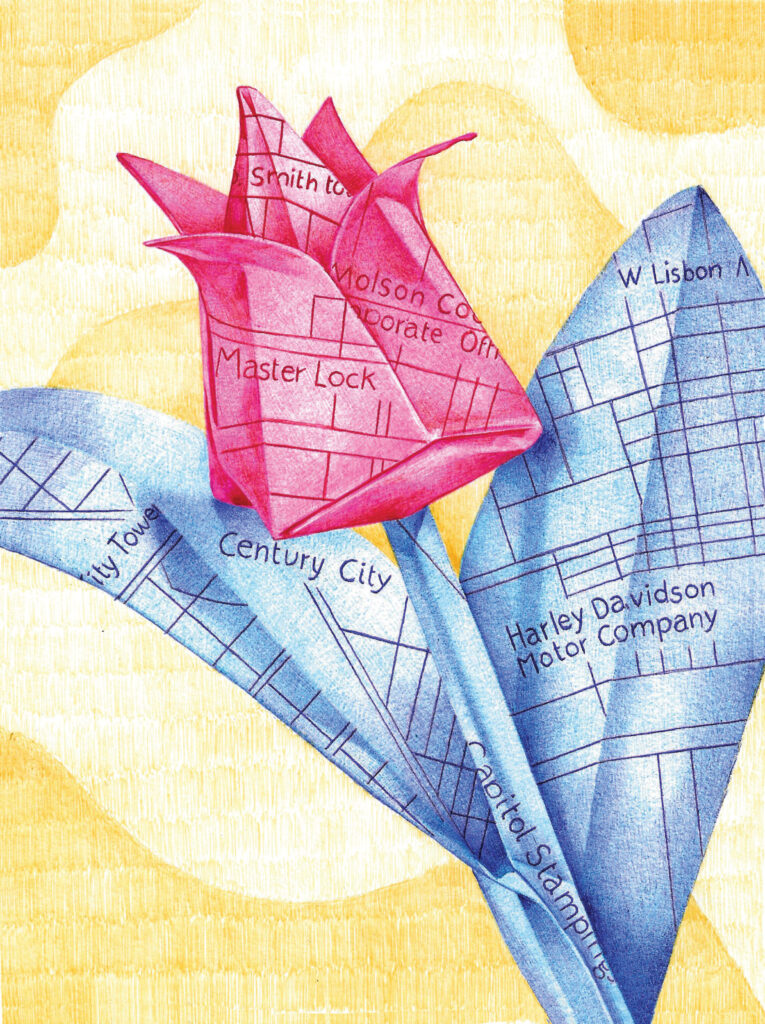 A drawing of a colorful rose has etches of a map of The Corridor in Milwaukee on the leaves and petals.
