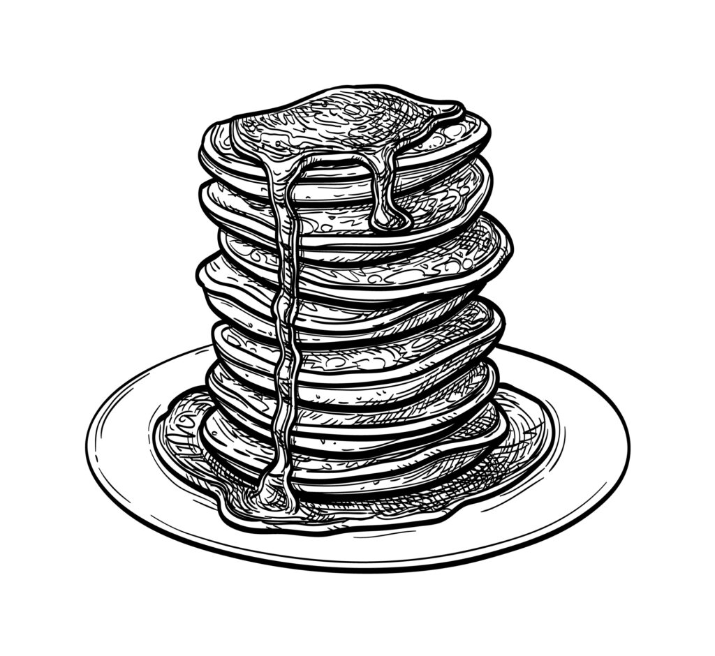 Black and white Illustration of a stack of pancakes with butter and syrup