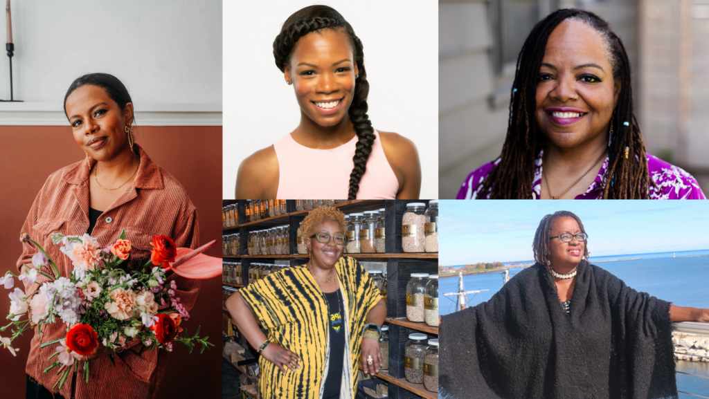Portraits of Mikel McGee, owner of 414loral; Johanna Brooks, owner of Embody Yoga; Angela Smith, owner of Zen Dragonfly; Angela Mallett, owner of HoneyBee Sage; Venice Williams, Executive Director of Alice’s Garden.