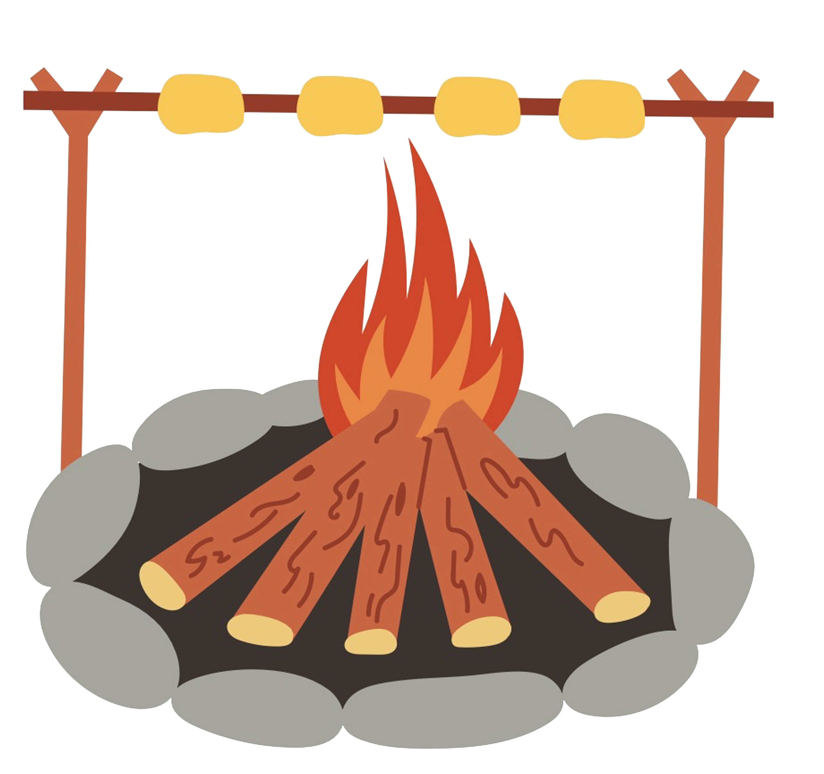 An illustration of a roaring fire with a spit of marshmallows roasting above it 