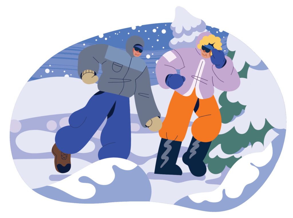 An illustration of two people in the snow for "Walking the Winter Way" magazine article