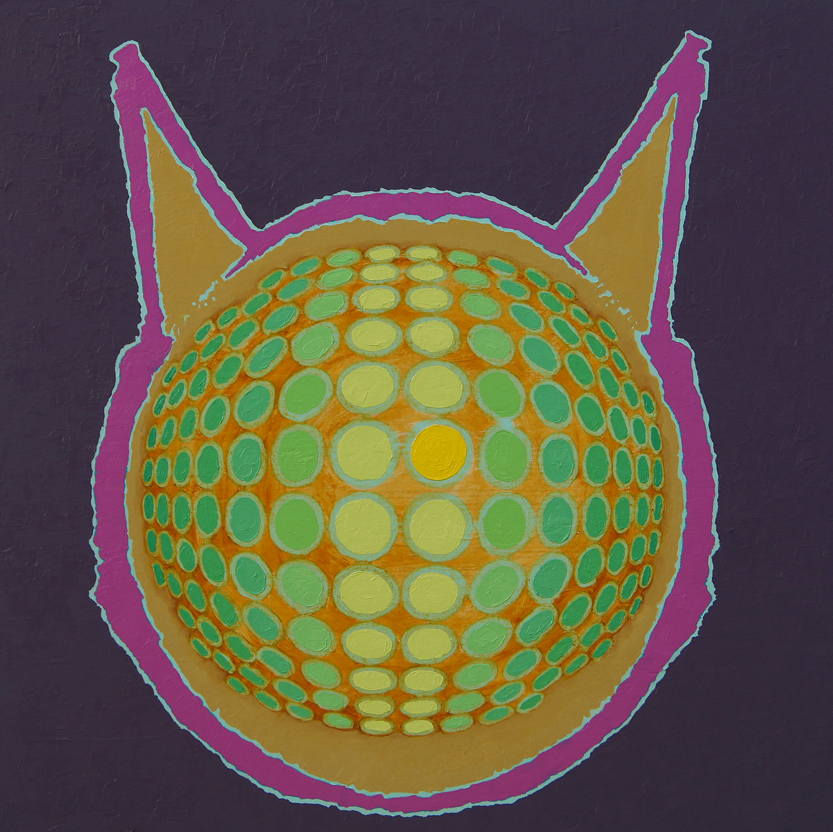 An oil painting of a green sphere made of circles surrounded by devil horns.