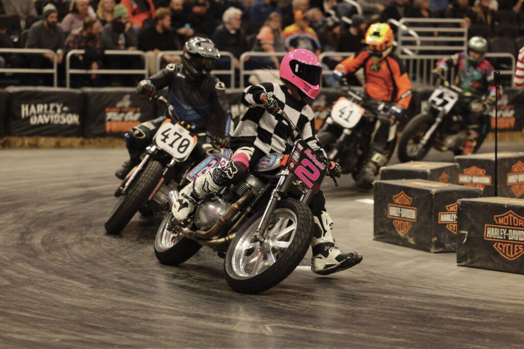 Flat-track motorcycle racers at Flat Out Friday.