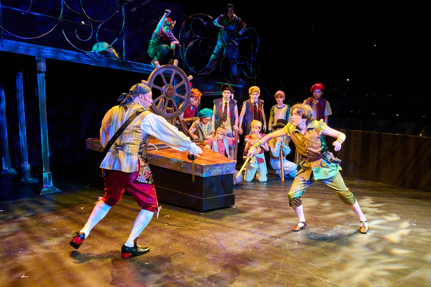 Peter Pan swordfighting Captain Hook during a First Stage production.