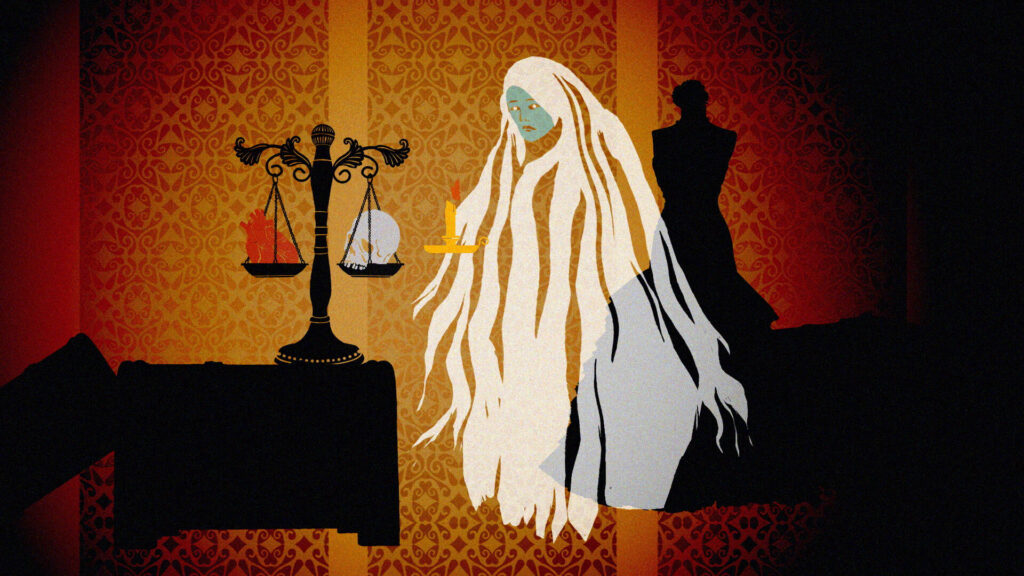 A still from an animation of a ghost measuring a heart and skull on scales of justice.