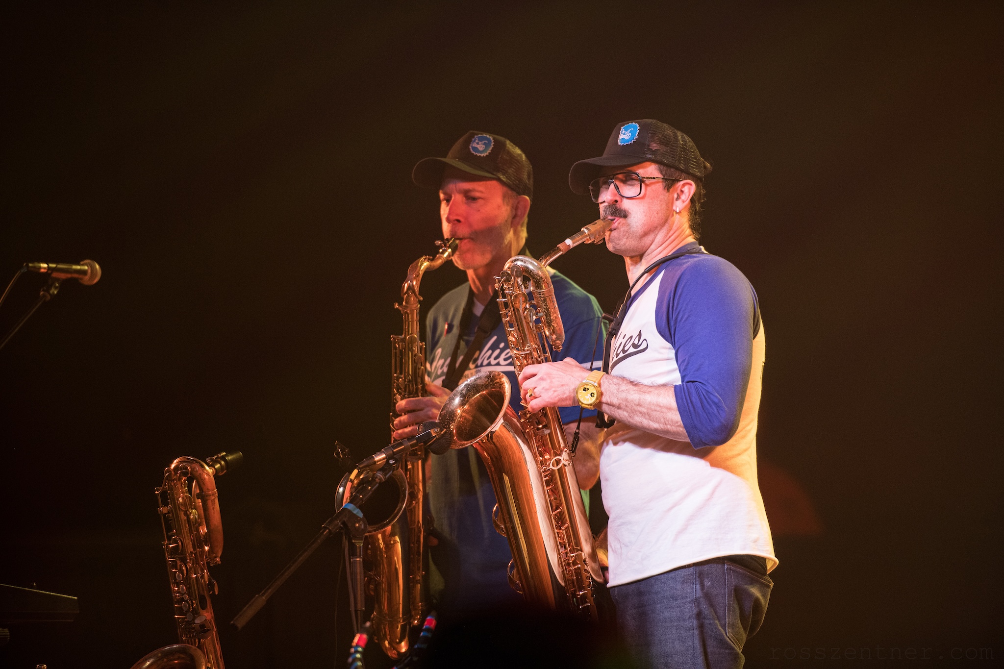 Frontman Noah Tabakin and Bryan Elliot of Little Blue Crunchy Things play saxophone at Turner Hall Ballroom.