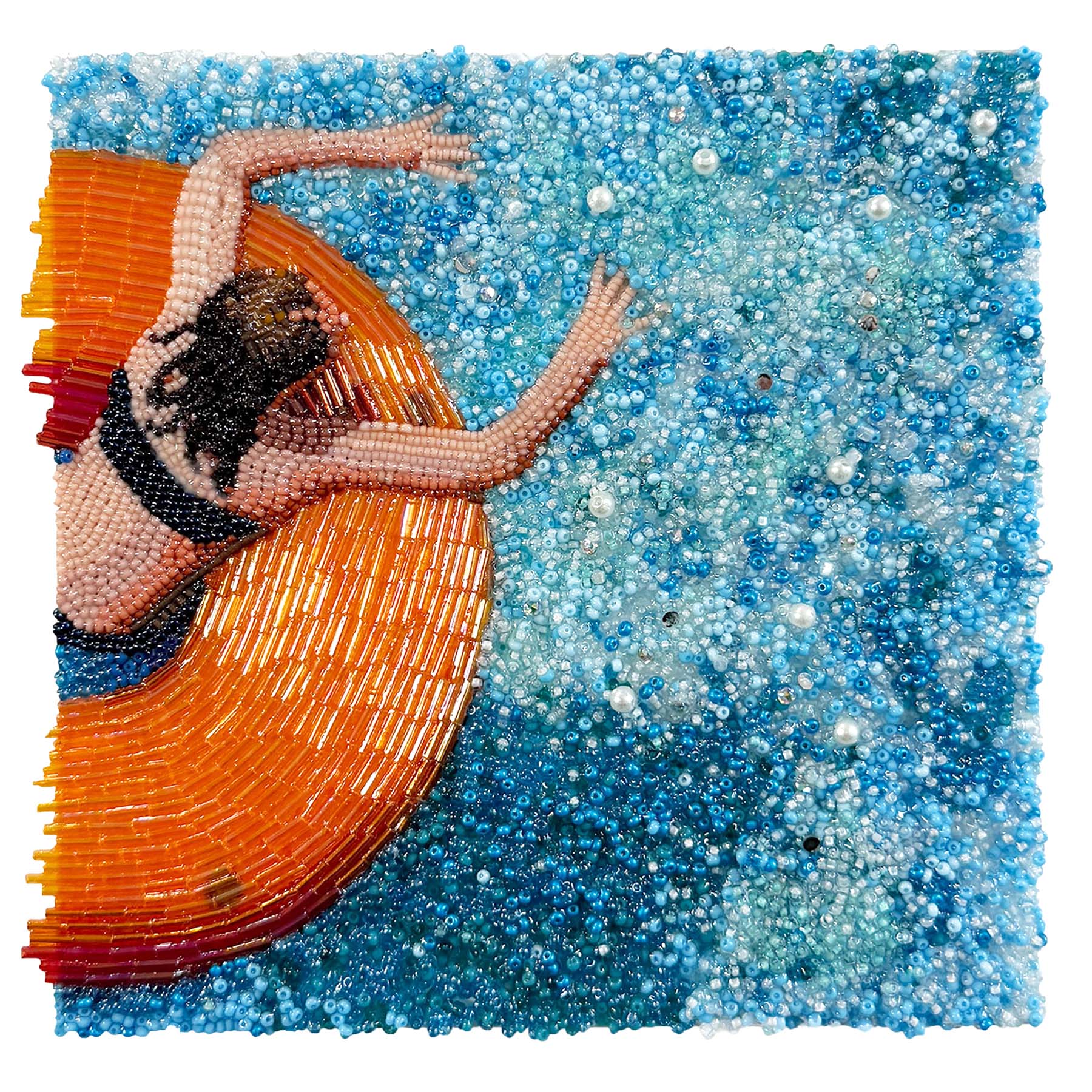 An artwork made of craft materials of a woman on a pool tube.