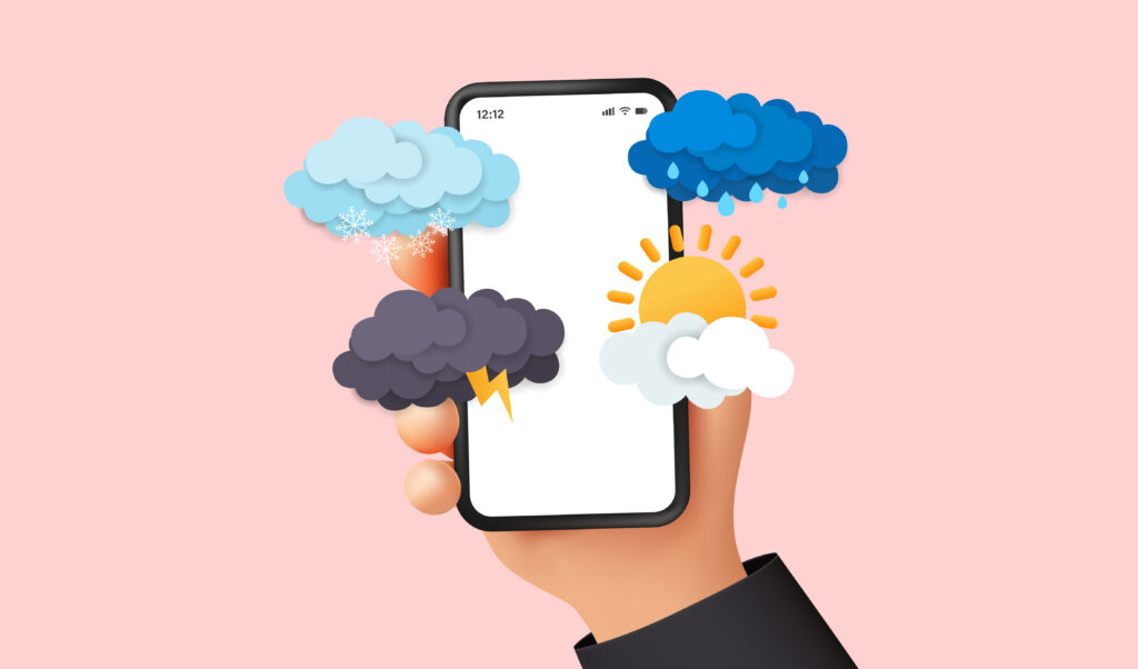 An illustration of a hand holding a phone with a blank screen with various weather illustrated by differently colored clouds around it.
