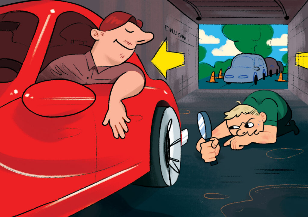 A cartoon illustration shows a smiling driver leaning out of a red car while a mechanic lies on the ground inspecting the vehicle's tailpipe with a magnifying glass in an emissions testing bay, with directional arrows and other cars waiting in line behind them.