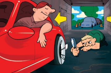 A cartoon illustration shows a smiling driver leaning out of a red car while a mechanic lies on the ground inspecting the vehicle's tailpipe with a magnifying glass in an emissions testing bay, with directional arrows and other cars waiting in line behind them.