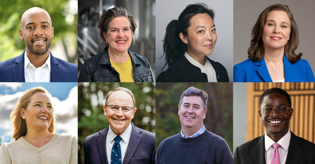 A collage of eight headshots shows a diverse group of political candidates, including men and women in business attire, posed against a mix of studio and outdoor backgrounds.