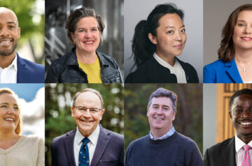 A collage of eight headshots shows a diverse group of political candidates, including men and women in business attire, posed against a mix of studio and outdoor backgrounds.