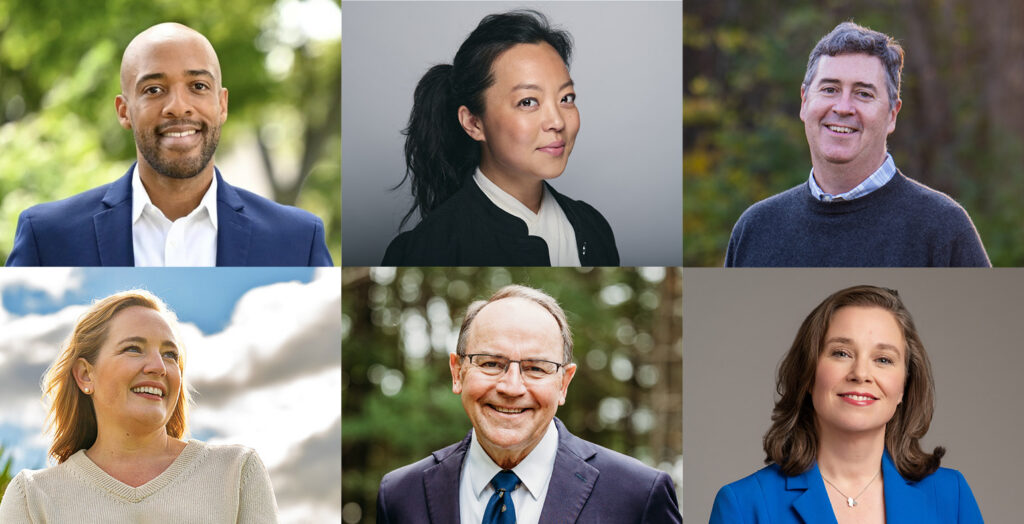 A collage of six headshots shows political candidates posing against studio and outdoor backgrounds, including men and women in business attire smiling for campaign-style portraits.