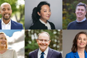 A collage of six headshots shows political candidates posing against studio and outdoor backgrounds, including men and women in business attire smiling for campaign-style portraits.