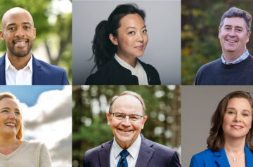 A collage of six headshots shows political candidates posing against studio and outdoor backgrounds, including men and women in business attire smiling for campaign-style portraits.
