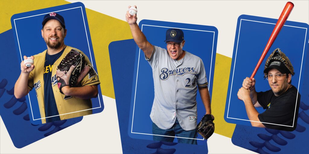 A graphic illustration shows three people posing like baseball cards in Milwaukee Brewers gear, holding baseballs, gloves, and a bat against a blue-and-gold background inspired by collectible trading cards.