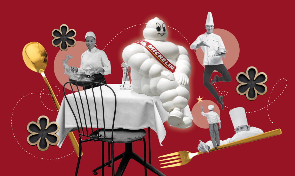 A graphic illustration features the Michelin Man seated at a restaurant table surrounded by chefs in motion, oversized gold utensils, flower-shaped waffle cookies, and playful culinary imagery against a deep red background.