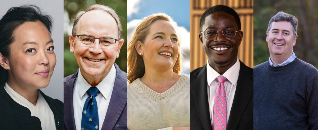 A collage of five campaign-style headshots features candidates in the Milwaukee mayoral race, showing studio and outdoor portraits of each contender in business or business-casual attire.