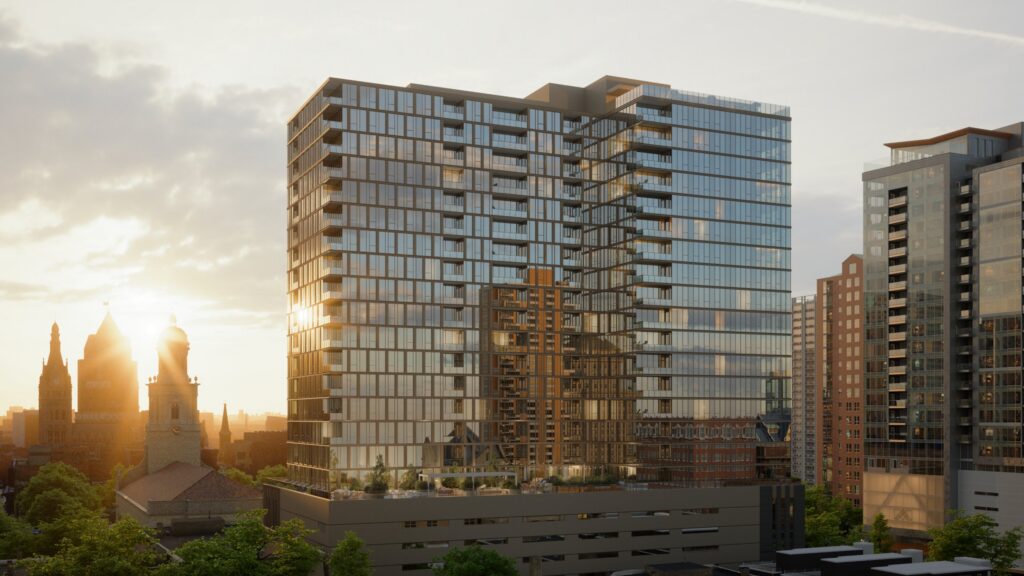 Architectural rendering of a modern glass residential tower rising above a multi-level podium, reflecting the surrounding downtown skyline at sunset, with historic church towers and neighboring high-rise buildings visible in the background.