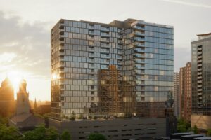 Architectural rendering of a modern glass residential tower rising above a multi-level podium, reflecting the surrounding downtown skyline at sunset, with historic church towers and neighboring high-rise buildings visible in the background.