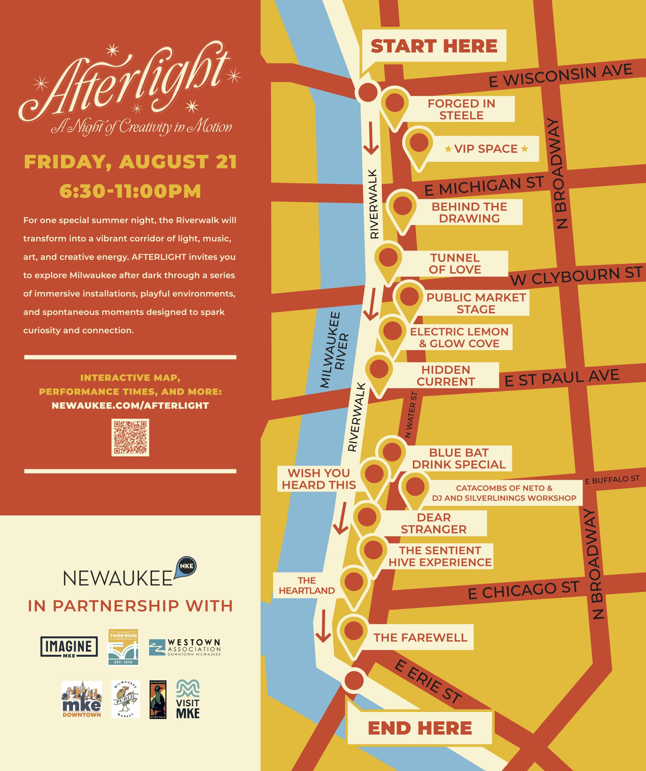 A map of the 12 distinct exhibits along the Milwaukee RiverWalk during the Afterlight event.