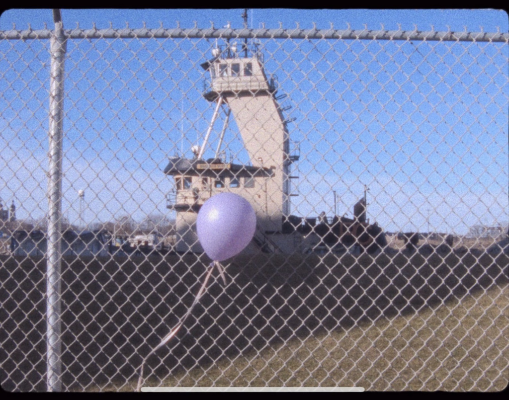 A purple balloon against a chain link fence.