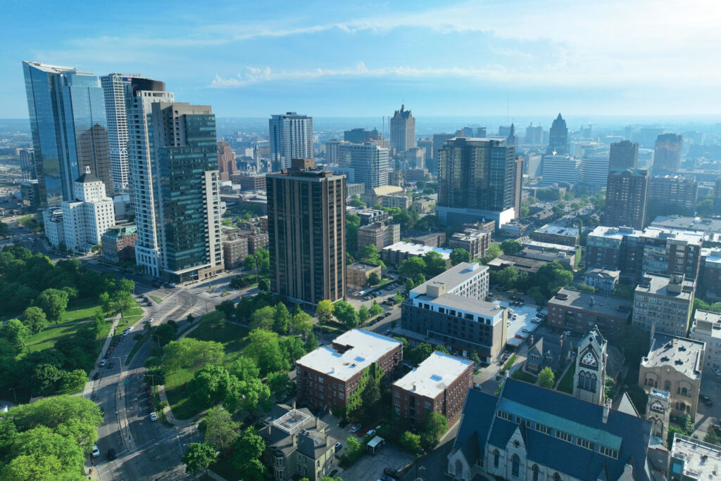 A photo of Milwaukee from a different angle not showing the distinct skyline.