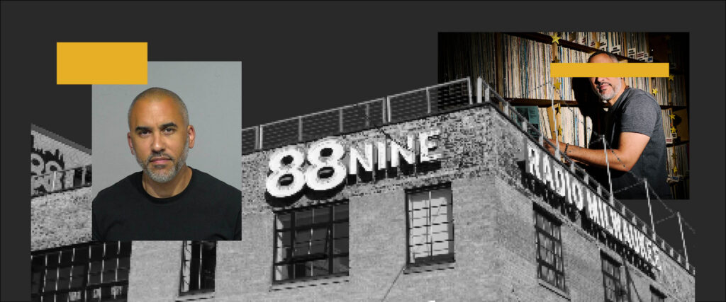 A collage pairs two portraits of the same man with a black-and-white image of the 88Nine Radio Milwaukee building. In one portrait, he faces the camera against a plain backdrop. In the other, he sits beside shelves of vinyl records, with a yellow bar obscuring his eyes. Graphic yellow blocks accent the dark background.