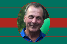 A graphic memorial-style portrait features a smiling man in a blue polo shirt centered inside an oval frame. The portrait sits against a deep green background with thin red decorative borders and a broad red ribbon-like banner extending horizontally behind it.