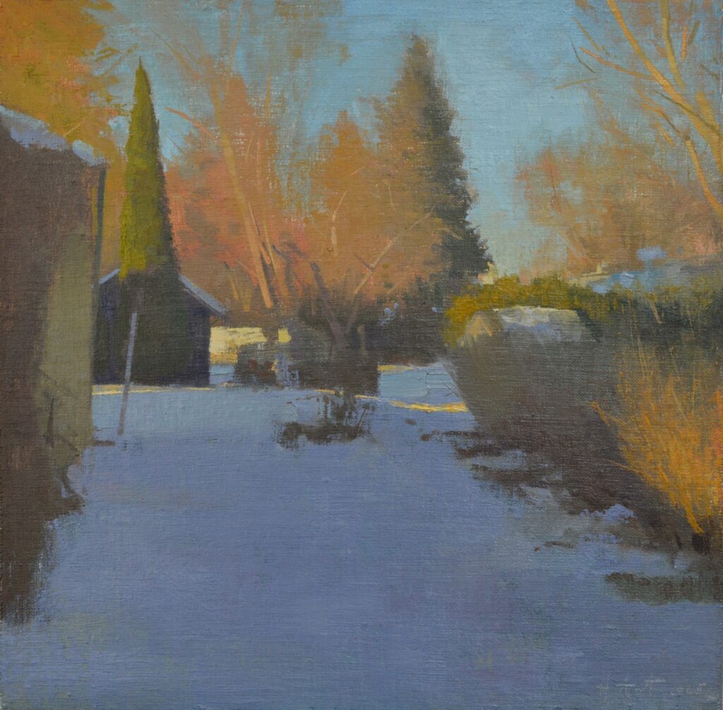 A painting of a snowy Wisconsin winter backyard with trees by Hector Acuna