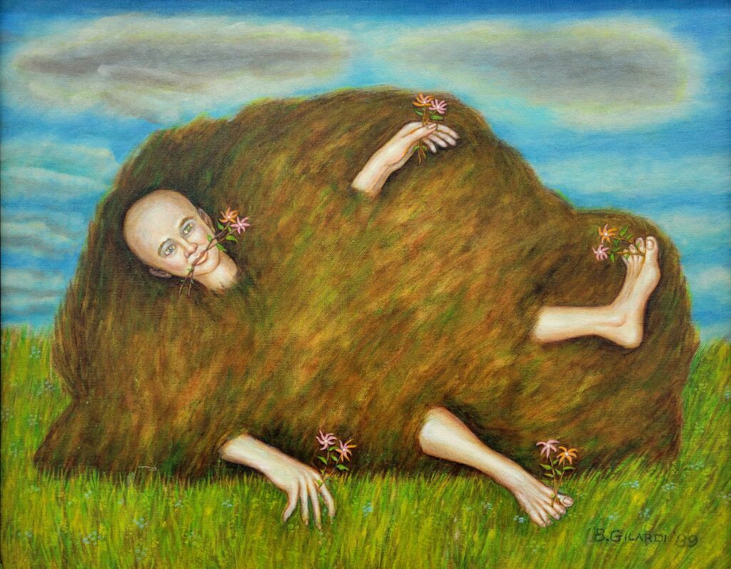 A painting of a man submerged in mud by Bernard Gilardi.