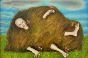 A painting of a man submerged in mud by Bernard Gilardi.