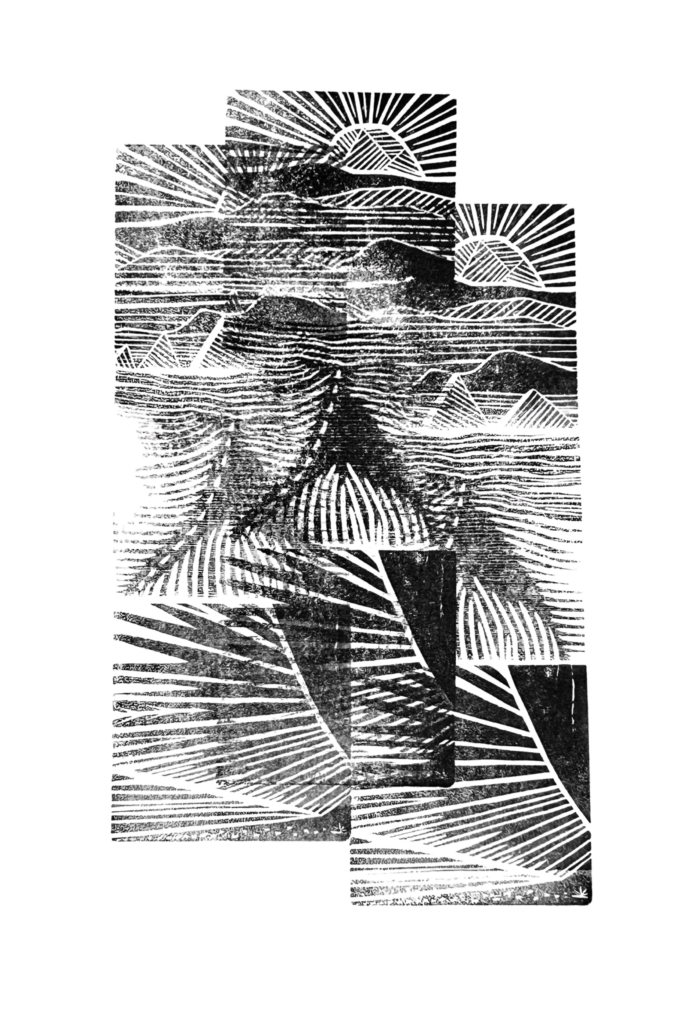 Woodcut print by Celeste Contreras of a mountain backdropped by a rising sun.