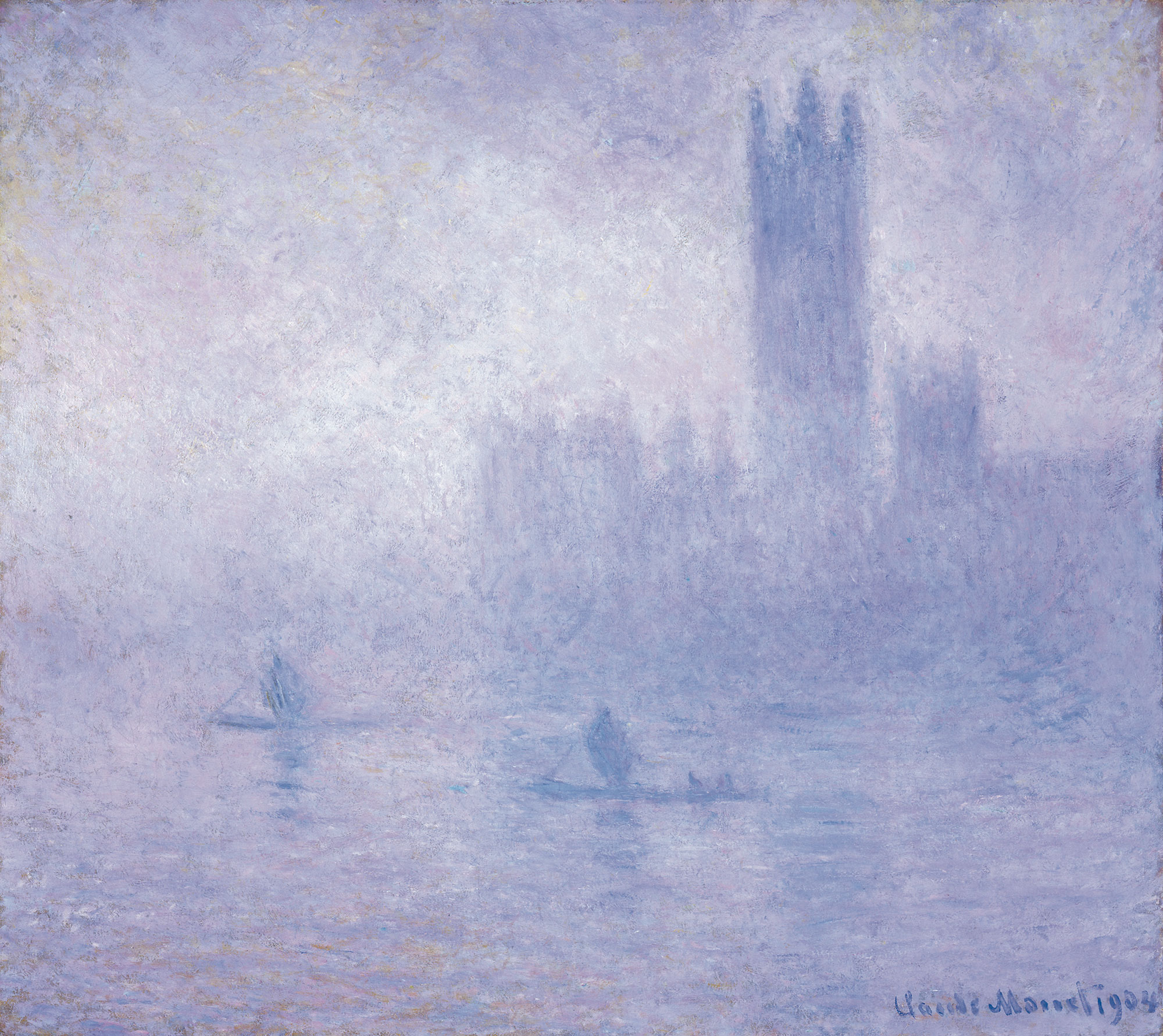 A light-blue city landscape painting by Claude Monet
