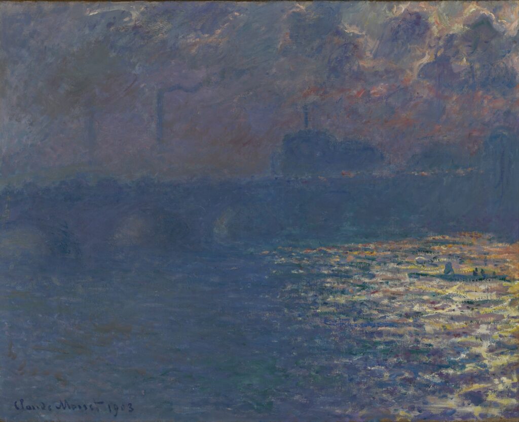 A dark-blue city landscape painting by Claude Monet